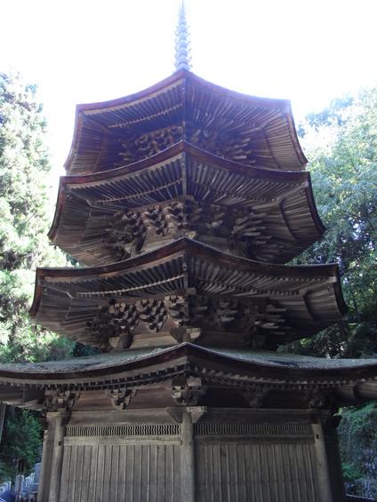 国宝八角三重塔です。

こちらの三重塔は、一見４重に見えますが、一番下の屋根はひさしに相当する「裳階（もこし）」であるという見解で、３重として認定されました。

八角塔は奈良・京都などに記録として残されているが、それらが失われた今日、わが国に残された唯一の八角塔であり、禅宗寺院に残る塔としても極めて貴重な遺構であるそうです。

塔は仰いでお参りすることが大切です。